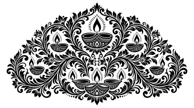 Intricate black and white floral pattern with traditional diya oil lamps for Diwali celebration.