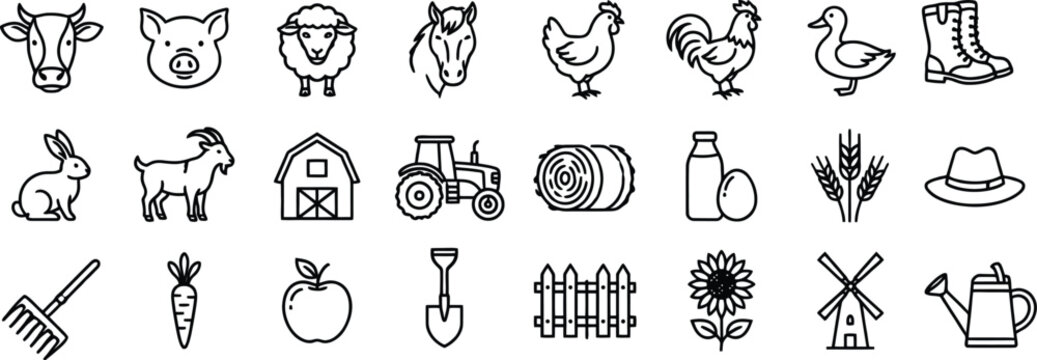 Farm animal line icons set: minimalist agriculture vector elements bundle