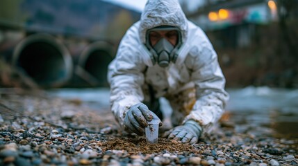 Fototapeta premium Hazmat specialist collecting soil sample on contaminated riverbank