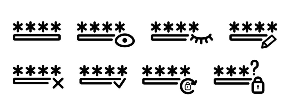 Flat password management line icons set including show and hide password, password edit, approval, reset and secure password protection elements for UI and app design.