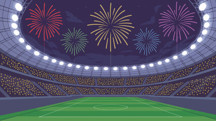 stadium with fireworks vector illustration sports arena night scene celebration event spectacle festival explosion lights sky clouds audience seats field green © Raian