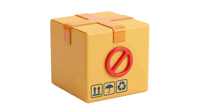 Vector illustration of 3d illustration of a cardboard delivery box with a forbidden sign on a transparent background