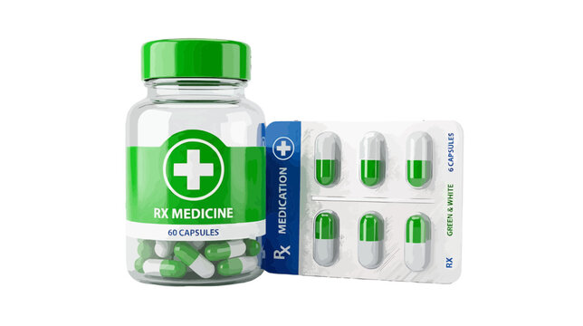 Vector illustration of medical bottle with green and white capsules and a blister pack on a transparent background