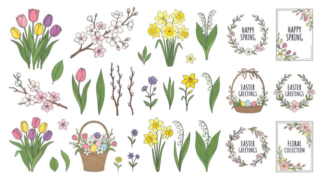 Spring Easter Floral Elements: Tulips, Daffodils, Blossoms, Wreaths, Baskets