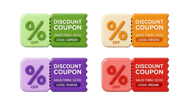 Vector illustration of set of colorful discount coupons with percentage symbols and promo codes on a transparent background