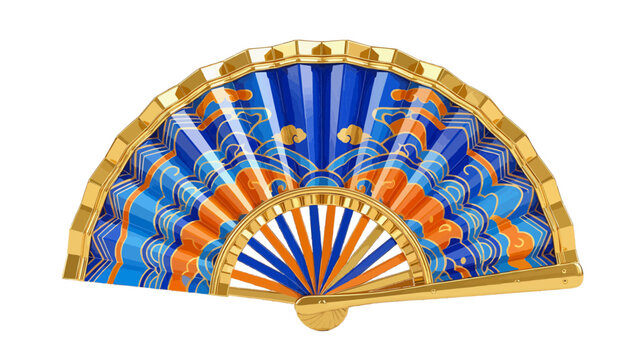 Vector illustration of traditional chinese fan with blue and orange patterns, on a transparent background
