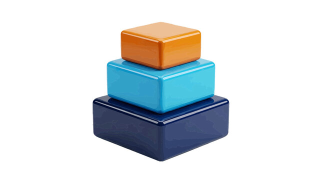 Vector illustration of 3d render of a stack of three glossy square blocks in orange, blue, and navy on a transparent background