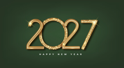 Obraz premium Golden 3D numbers 2027 on green background. Happy New Year 2027 festive metallic luxury banner. Happy New Year and Merry Christmas greeting card.