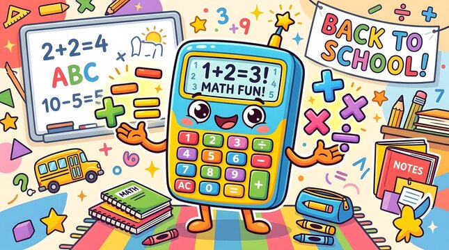 Funny Cartoon Calculator with Big Eyes Character