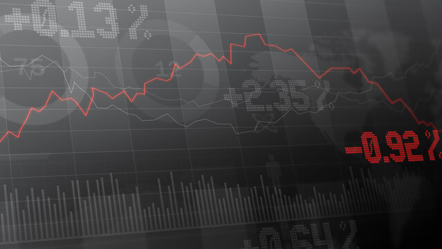 Abstract grayscale cryptocurrency trading dashboard with falling and rising red candlestick lines, bitcoin exchange statistics, USDT market data, futures arbitrage charts, digital technology interface