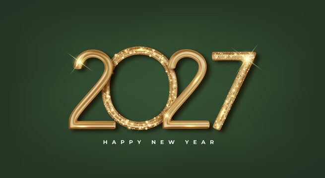 Golden 3D numbers 2027 on green background. Happy New Year 2027 festive metallic luxury banner. Happy New Year and Merry Christmas greeting card.