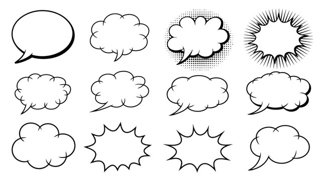 speech bubbles in black and white line art dialogue balloon comic strip vector illustration graphic design communication expression talk conversation message