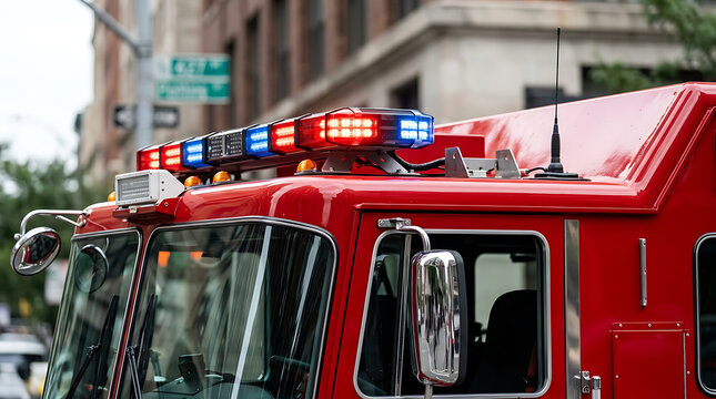 Red fire truck emergency lights flashing on a modern engine vehicle parked on an urban city street