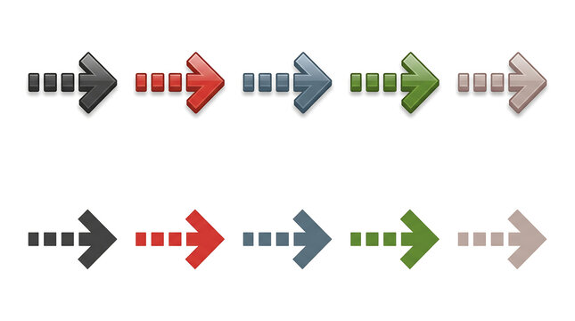  Clean minimalist vector illustration of ten broken dashed line arrows arranged in two horizontal rows on a white background