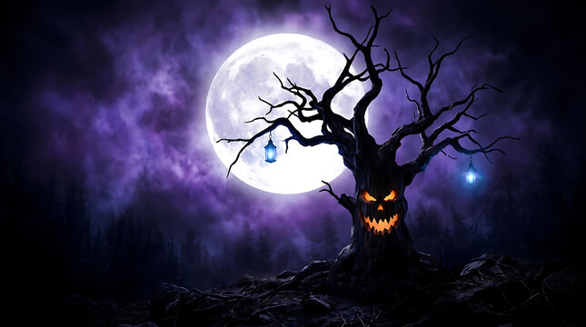 Spooky Halloween tree with glowing jack o lantern face under purple full moon night