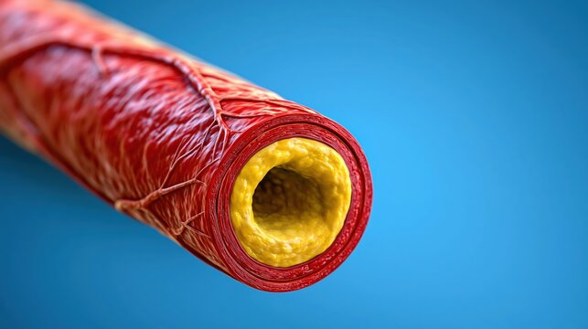 Human artery cross - section with yellow plaque buildup narrowing vessel