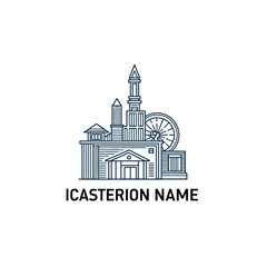 Fototapeta premium Geometric cityscape icon featuring towers and a Ferris wheel