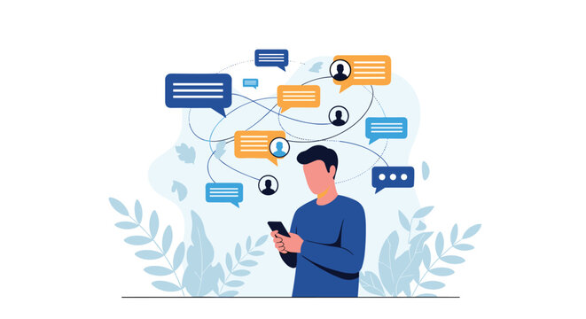 Young man looking at his smartphone while surrounded by complex web of numerous social media chat bubbles and notifications.