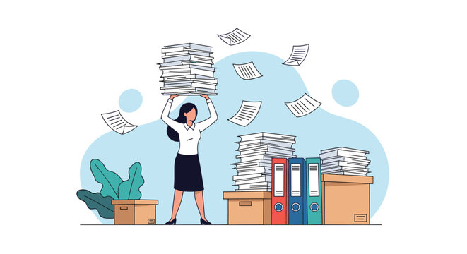 Stressed female employee carries a huge stack of paperwork while more documents fly around her in a busy office environment.