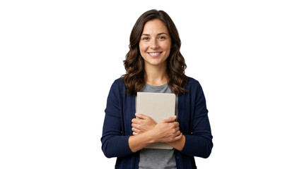 Naklejka premium Smiling Young Woman Holding Tablet on Transparent Background