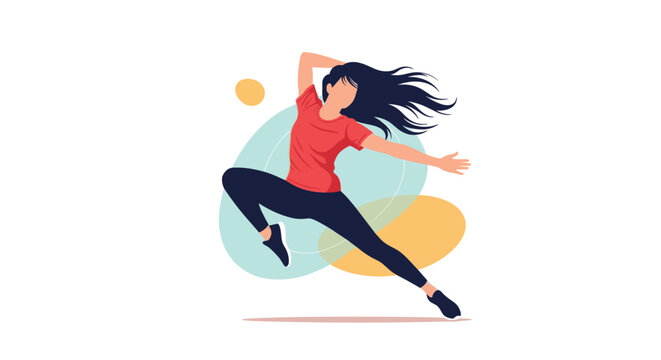 Energetic young woman performs a dynamic dance move against an abstract background of various colorful shapes.