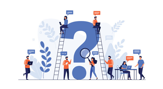 Group of professional people use laptops and tools to research answers around a giant blue question mark symbol.