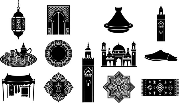 Set of Moroccan and Islamic cultural symbols featuring architecture, traditional tea, lamps and textile patterns
