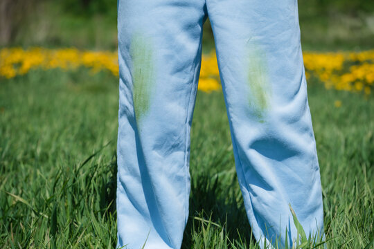 A child standing through a field filled with yellow flowers during a peaceful outdoor picnic or walk in nature. Grass stain on a blue pants. Concept of daily stains on clothes. space for text
