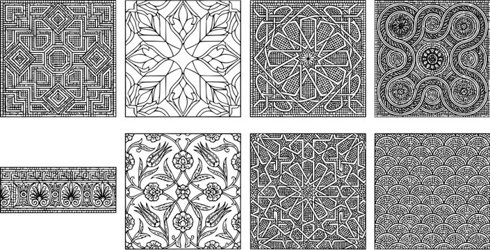 Collection of ornamental mosaic patterns and geometric ceramic tile designs with traditional floral and islamic motifs