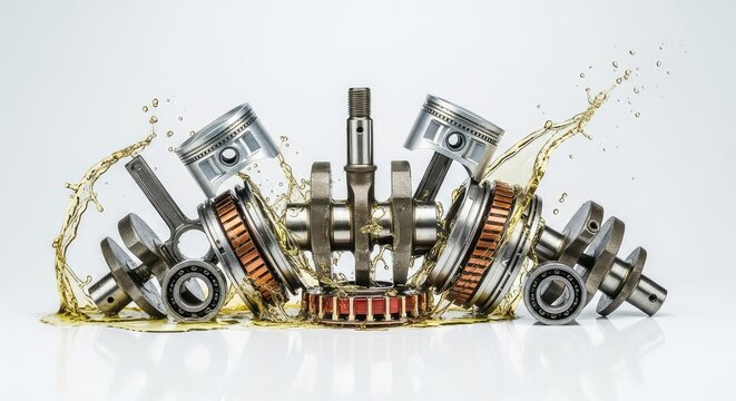 Industrial motor parts including crankshaft pistons, steel bearing, and copper commutator inside metal laminations with a splash of oil, motor, engineering, manufacturing