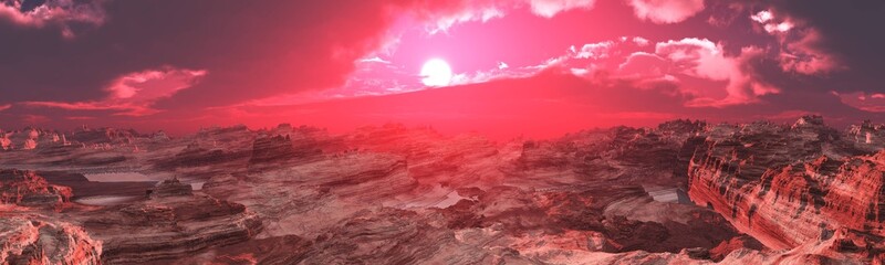Mars at sunset, panorama of Mars, alien landscape, a panorama of a surface of another planet, 3D rendering