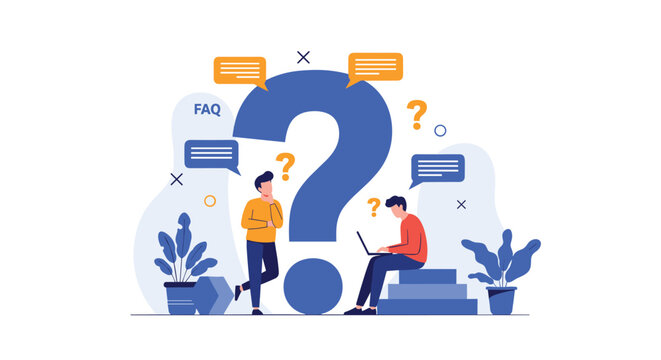 Two men thinking and searching for answers around giant question mark representing faq or technical support services.
