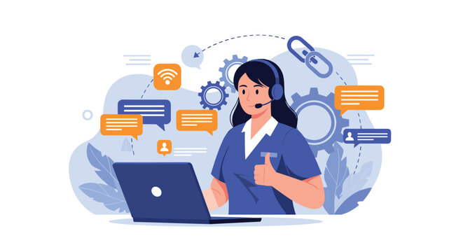 Friendly female call center agent wearing headset and working on laptop with communication icons and thumbs up gesture.