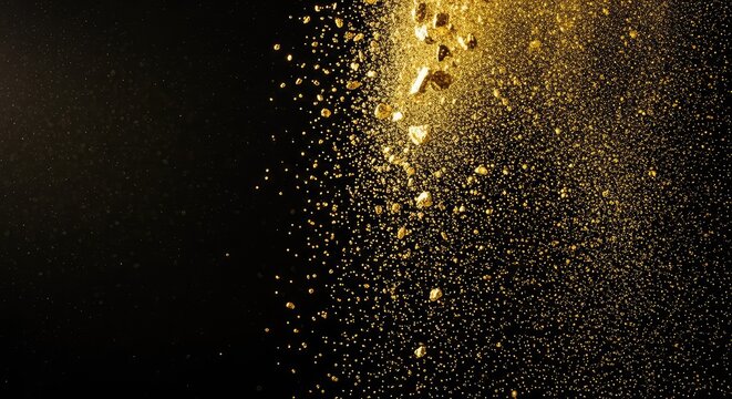 Part&iacute;culas de polvo dorado flotando elegantemente sobre un fondo negro profundo, creando un efecto de brillo m&aacute;gico y textura lujosa, m&iacute;stico, efecto, decoraci&oacute;n