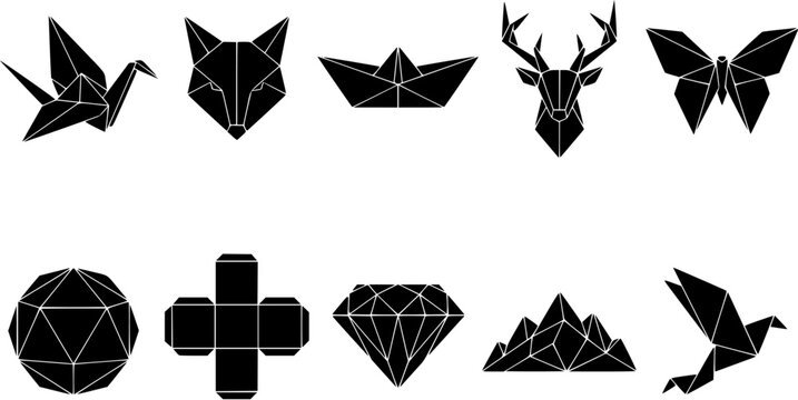 Set of ten black geometric origami icons featuring animals, shapes and nature elements in a minimalist vector style