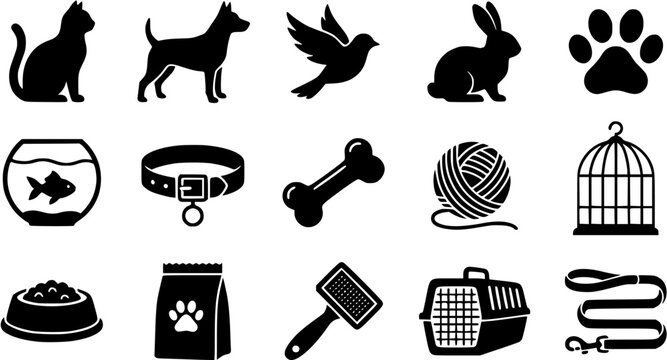 Set of pet care and animal icons including domestic pets, accessories and grooming equipment in flat black silhouette style