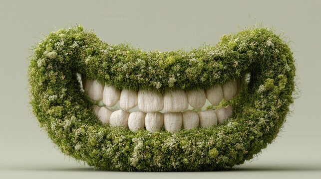 Grass forms a smiling mouth around white teeth