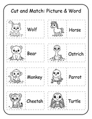 Obraz premium Printable wild animal cut and match worksheets for preschool and kindergarten learners. Kids cut apart picture and word cards and match each wildlife image to its correct label,