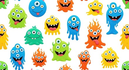 Naklejka premium Vibrant seamless pattern featuring a whimsical collection of goofy monsters with bright colors, multiple eyes, and silly expressions, cartoon, tooth, silly