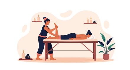 Fototapeta premium Professional female massage therapist performs a treatment on a relaxed woman lying on a table in a peaceful and calming spa setting.