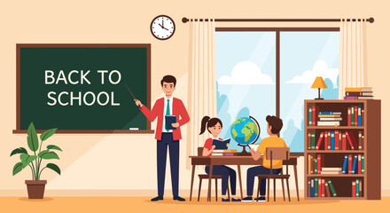 Fototapeta premium Male teacher stands by a blackboard with the text back to school while two young students sit at their desk in a bright classroom.