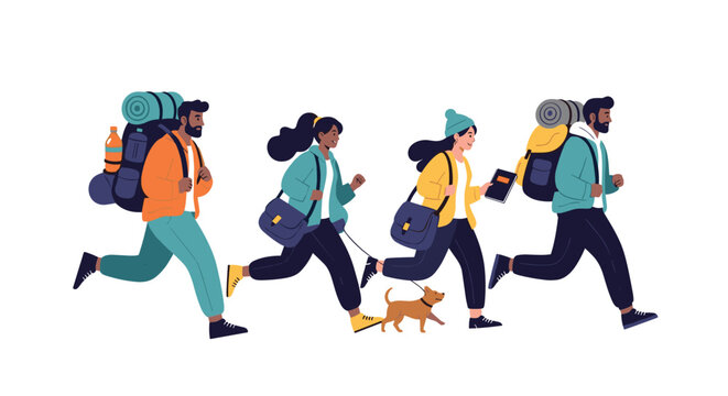 Group of active hikers with heavy backpacks and a small dog run across a plain background to represent a fun adventure outdoors.