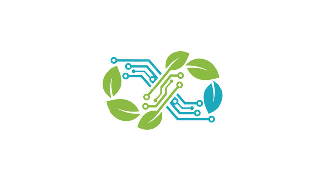 Infinity logo combining green leaves and digital circuit board traces