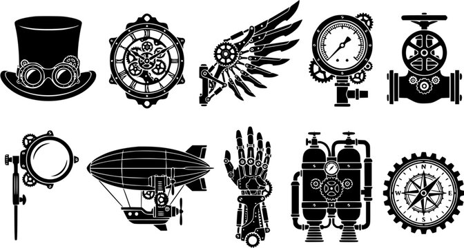 Set of ten black silhouette steampunk elements featuring clockwork gears, mechanical gadgets and vintage industrial technology.