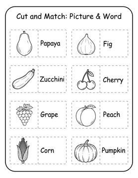 Printable fruits and vegetables cut and match worksheets for preschool and pre-k learners. Children cut apart produce picture and word cards then pair each image with its correct label,