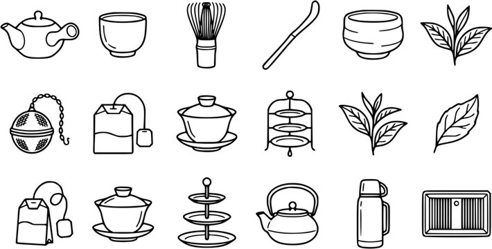 Set of line icons depicting tea culture, brewing tools, matcha whisk, infusers, and beverage accessories for cafe menu design.