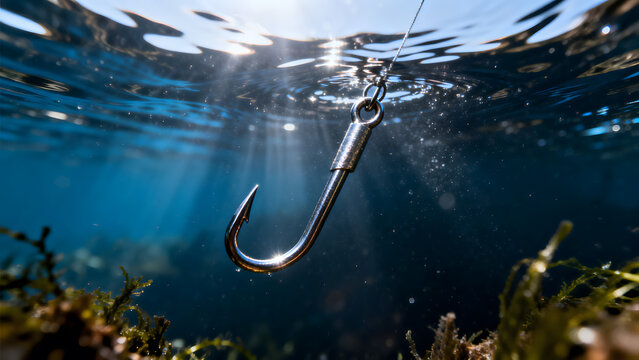 limnetic. Close-up of a metallic fish hook submerged in clear blue water. wildlife magazines, conservation campaigns, designed for eco-tourism storytelling, celebrates biodiversity.