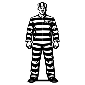 Prisoner in Stripes: A stern-faced man stands confidently in a classic black and white striped prisoner's uniform, bearing the number 1234 on his chest.
