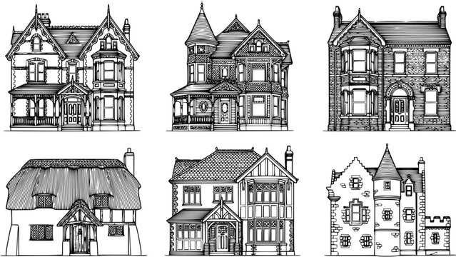 Set of six Victorian and historic architectural house sketches, detailed line art collection of traditional residential building styles