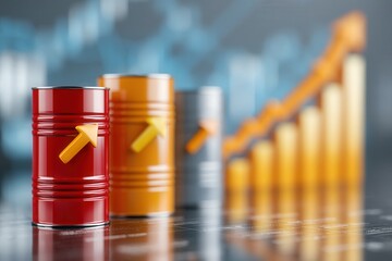 Fototapeta premium Three colorful barrels stand on a reflective surface